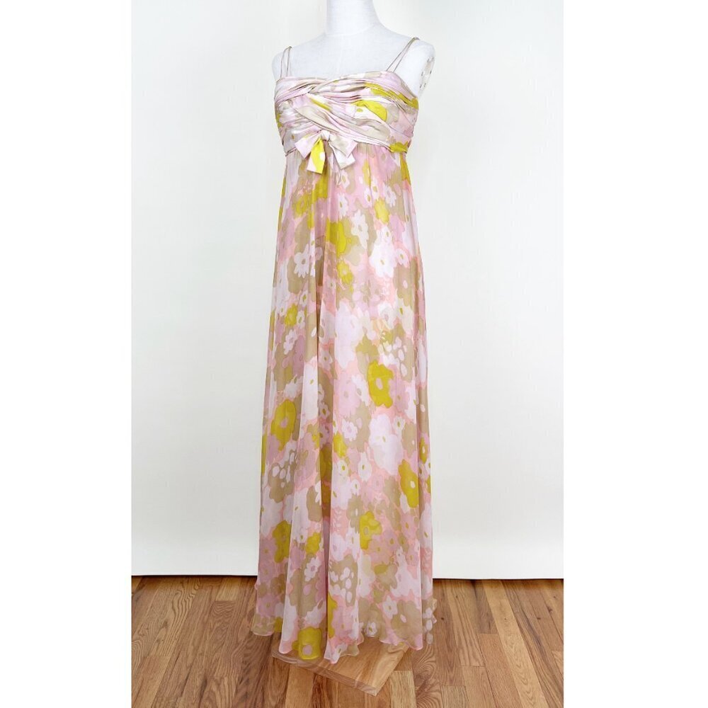 Vintage 60s 70s Custom Made Maxi Dress Gown Floral Print Pleated Romantic Boho